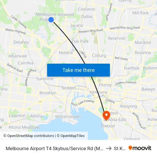 Melbourne Airport T4 Skybus/Service Rd to St Kilda map