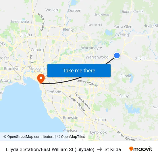 Lilydale Station/East William St to St Kilda map