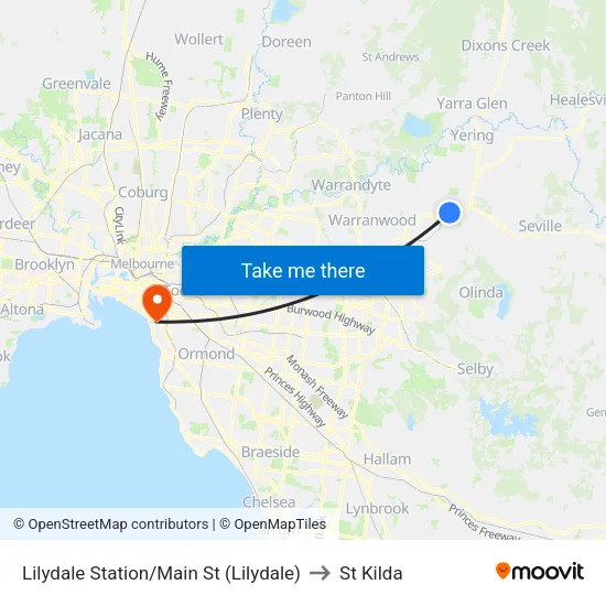 Lilydale Station/Main St to St Kilda map