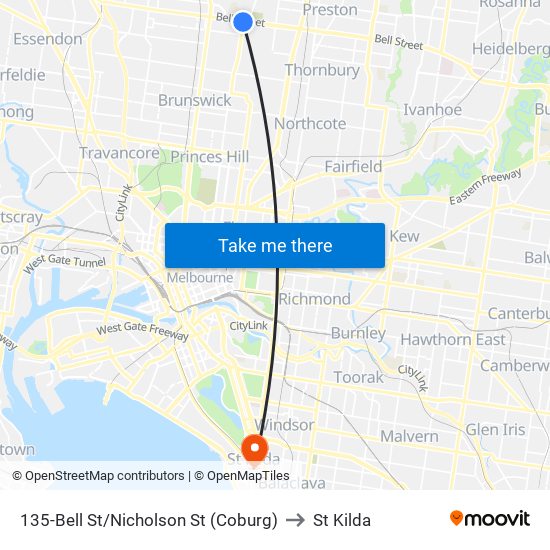 135-Bell St/Nicholson St (Coburg) to St Kilda map