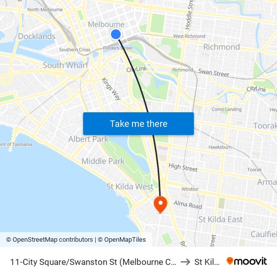 11-City Square/Swanston St (Melbourne City) to St Kilda map