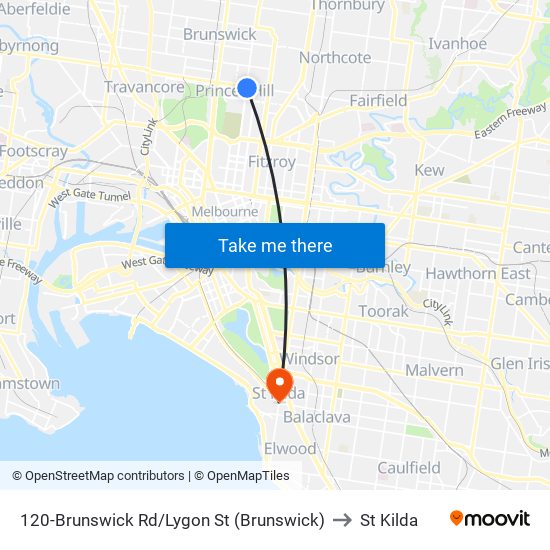 120-Brunswick Rd/Lygon St (Brunswick) to St Kilda map