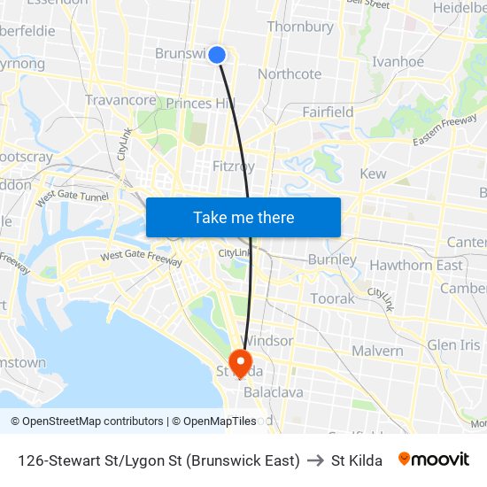 126-Stewart St/Lygon St (Brunswick East) to St Kilda map