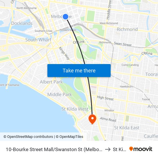 10-Bourke Street Mall/Swanston St (Melbourne City) to St Kilda map