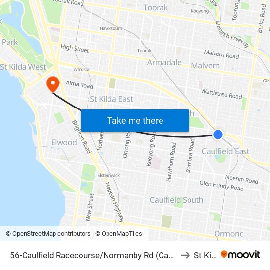 56-Caulfield Racecourse/Normanby Rd (Caulfield North) to St Kilda map