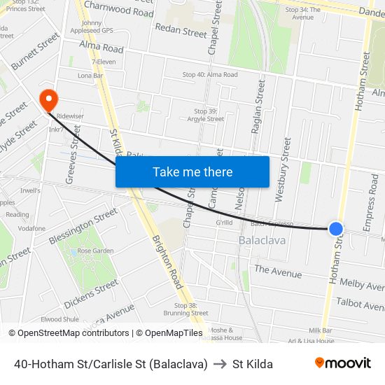 40-Hotham St/Carlisle St (Balaclava) to St Kilda map