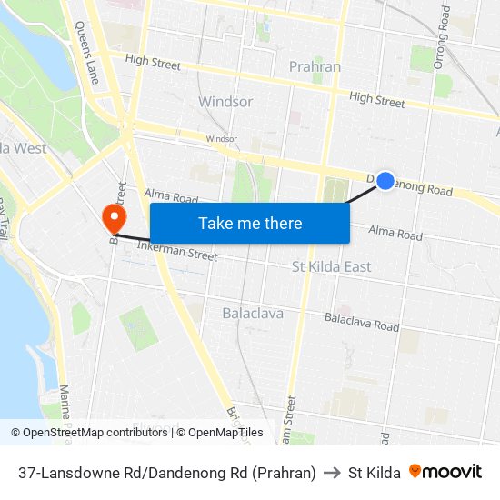 37-Lansdowne Rd/Dandenong Rd (Prahran) to St Kilda map