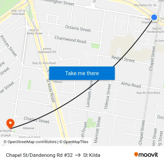 Chapel St/Dandenong Rd #32 to St Kilda map