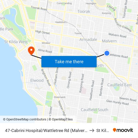 47-Cabrini Hospital/Wattletree Rd (Malvern) to St Kilda map