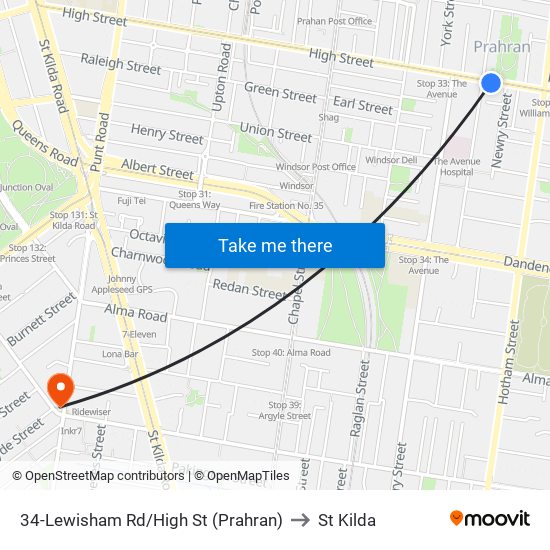 34-Lewisham Rd/High St (Prahran) to St Kilda map