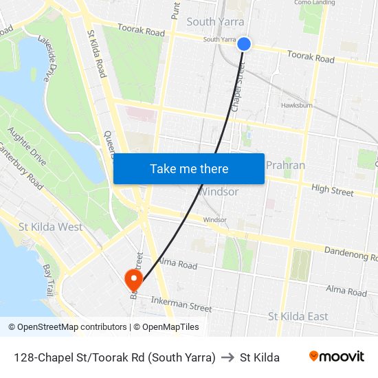 128-Chapel St/Toorak Rd (South Yarra) to St Kilda map