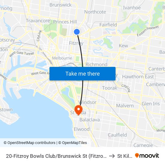 20-Fitzroy Bowls Club/Brunswick St (Fitzroy North) to St Kilda map