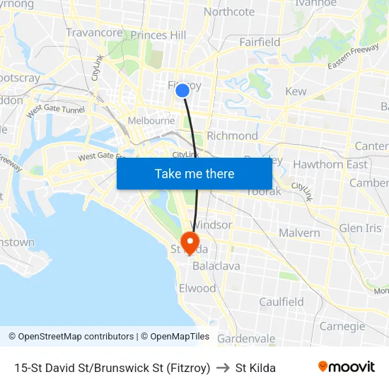 St David St/Brunswick St #15 to St Kilda map