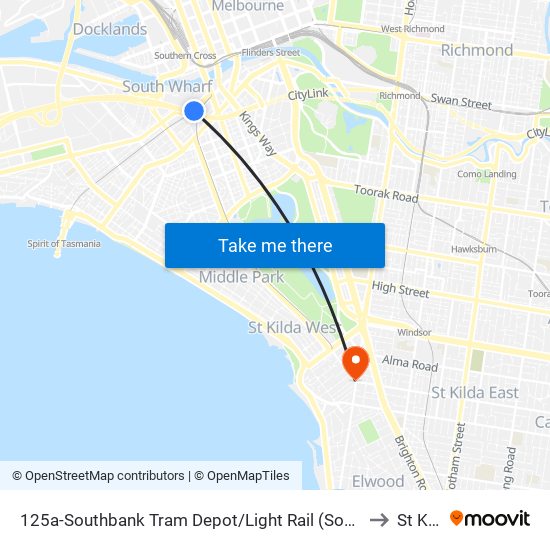 125a-Southbank Tram Depot/Light Rail (South Melbourne) to St Kilda map