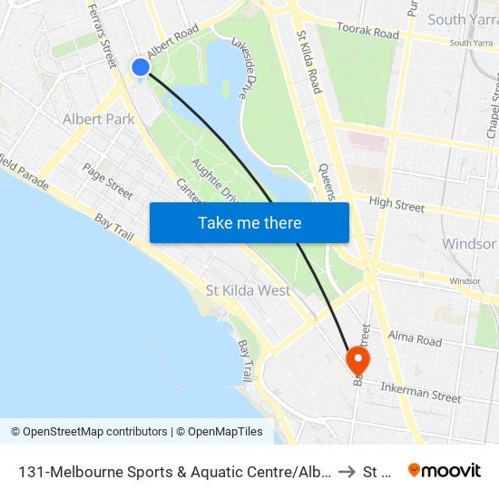 131-Melbourne Sports & Aquatic Centre/Albert Rd (Albert Park) to St Kilda map