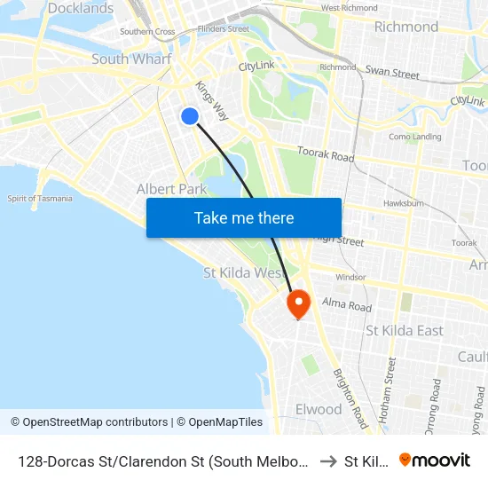 Dorcas St/Clarendon St #128 to St Kilda map