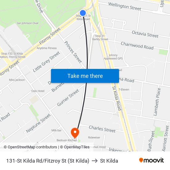 131-St Kilda Rd/Fitzroy St (St Kilda) to St Kilda map