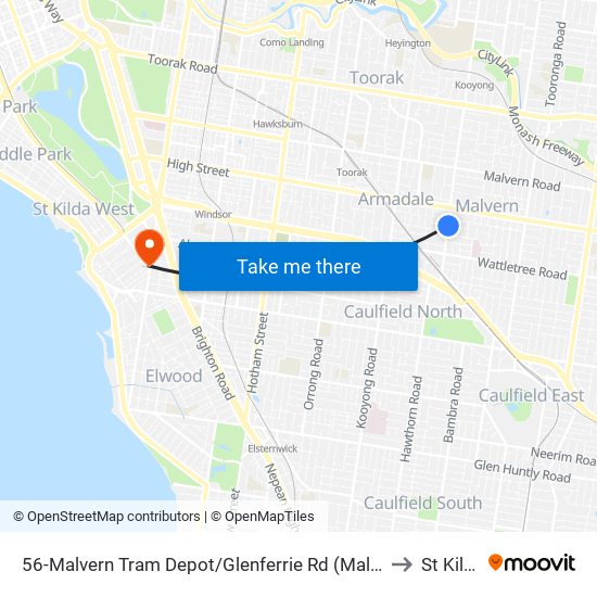 56-Malvern Tram Depot/Glenferrie Rd (Malvern) to St Kilda map