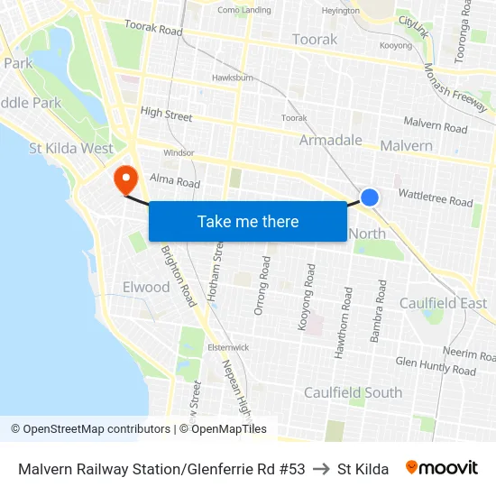 Malvern Railway Station/Glenferrie Rd #53 to St Kilda map