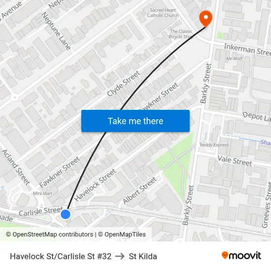 Havelock St/Carlisle St #32 to St Kilda map