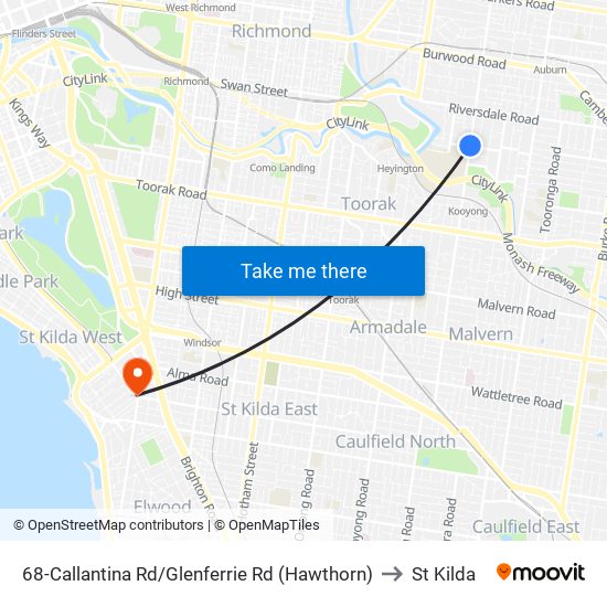 68-Callantina Rd/Glenferrie Rd (Hawthorn) to St Kilda map