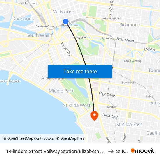 1-Flinders Street Railway Station/Elizabeth St (Melbourne City) to St Kilda map