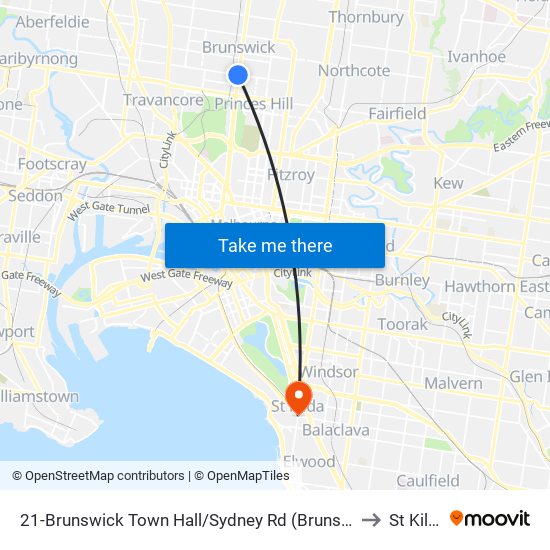 21-Brunswick Town Hall/Sydney Rd (Brunswick) to St Kilda map