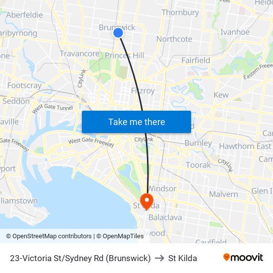 23-Victoria St/Sydney Rd (Brunswick) to St Kilda map