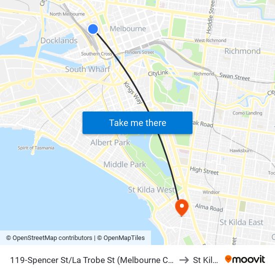 119-Spencer St/La Trobe St (Melbourne City) to St Kilda map
