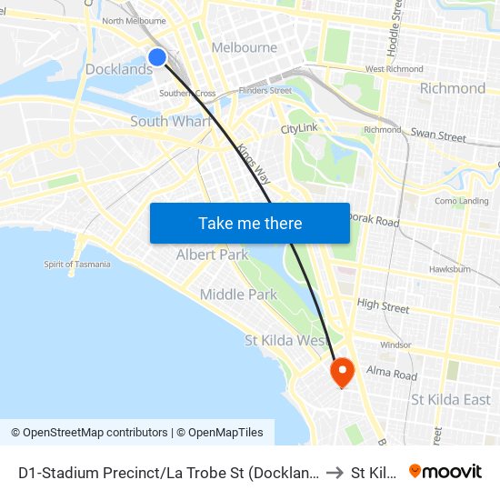 D1-Stadium Precinct/La Trobe St (Docklands) to St Kilda map