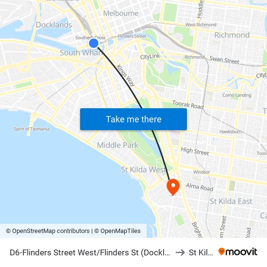 D6-Flinders Street West/Flinders St (Docklands) to St Kilda map