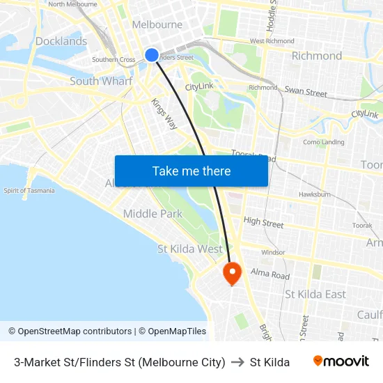 Market St/Flinders St #3 to St Kilda map
