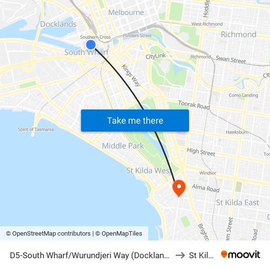 D5-South Wharf/Wurundjeri Way (Docklands) to St Kilda map