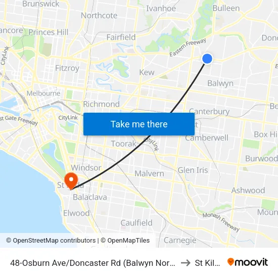Osburn Ave/Doncaster Rd #48 to St Kilda map