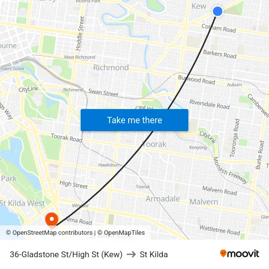 Gladstone St/High St #36 to St Kilda map