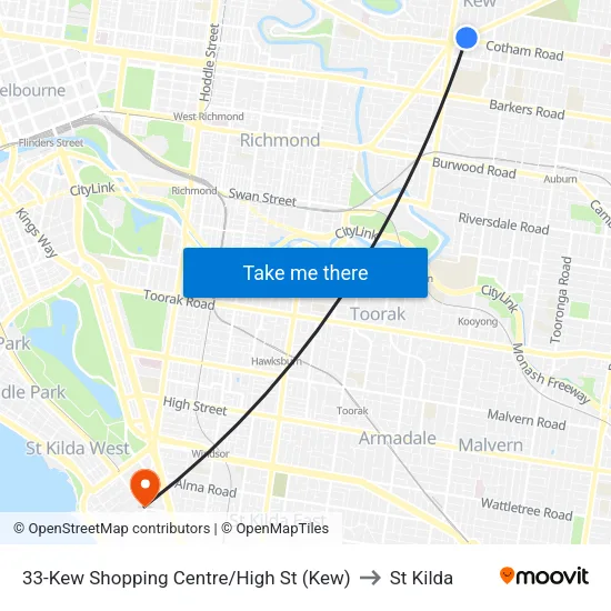 Kew Shopping Centre/High St #33 to St Kilda map
