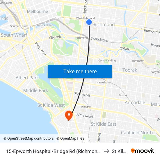 15-Epworth Hospital/Bridge Rd (Richmond) to St Kilda map