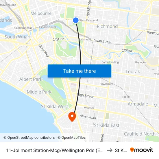 Jolimont Station-Mcg/Wellington Pde #11 to St Kilda map