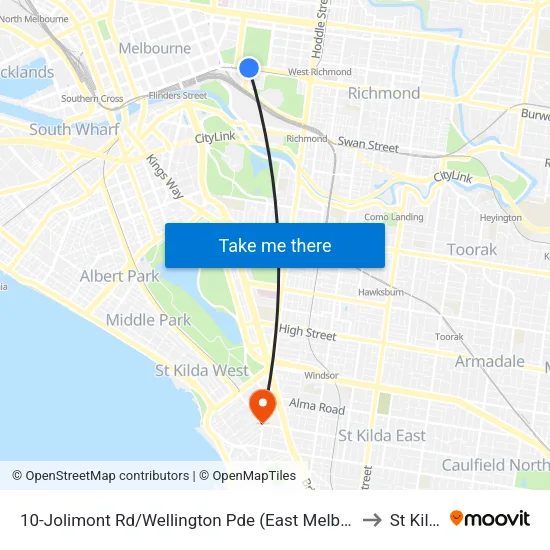 Jolimont Rd/Wellington Pde #10 to St Kilda map