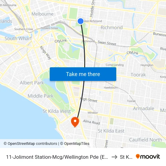 Jolimont Station-Mcg/Wellington Pde #11 to St Kilda map