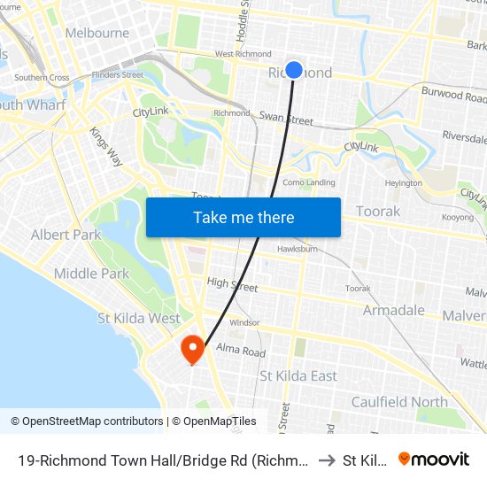 19-Richmond Town Hall/Bridge Rd (Richmond) to St Kilda map
