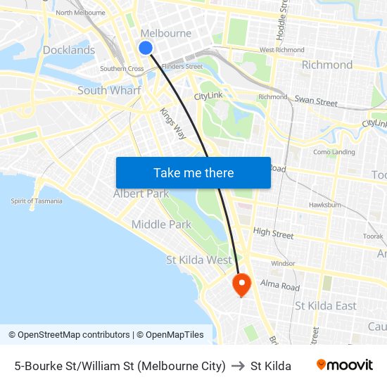 5-Bourke St/William St (Melbourne City) to St Kilda map