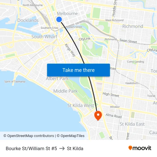 Bourke St/William St #5 to St Kilda map