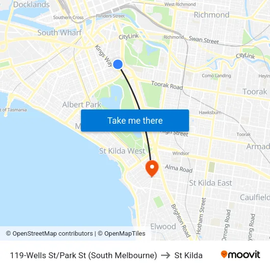 Wells St/Park St #119 to St Kilda map