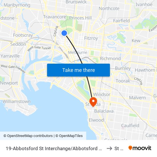 19-Abbotsford St Interchange/Abbotsford St (North Melbourne) to St Kilda map