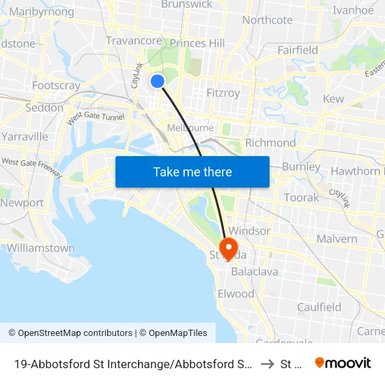 Abbotsford St Interchange/Abbotsford St #19 to St Kilda map