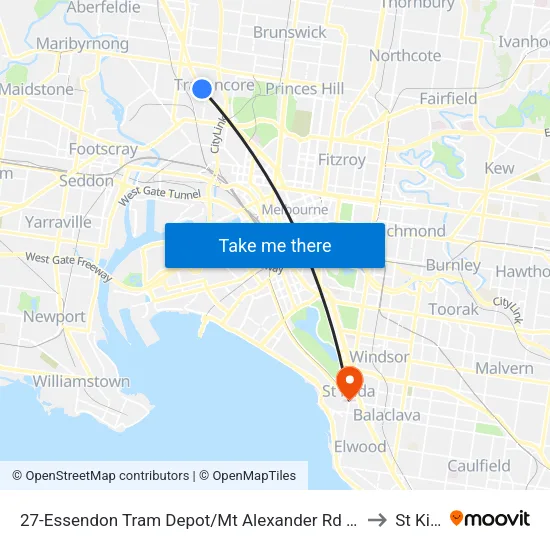 Essendon Tram Depot/Mt Alexander Rd #27 to St Kilda map