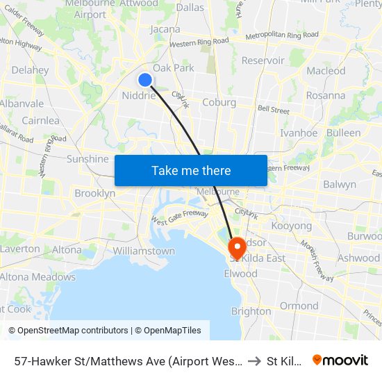 57-Hawker St/Matthews Ave (Airport West) to St Kilda map