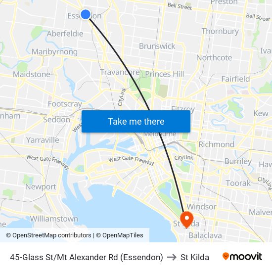 45-Glass St/Mt Alexander Rd (Essendon) to St Kilda map