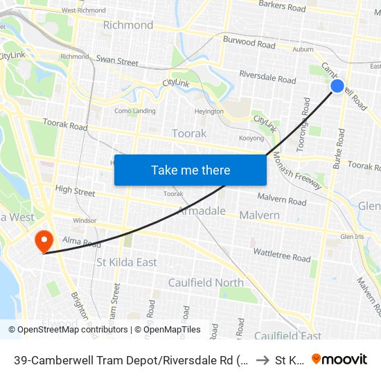 39-Camberwell Tram Depot/Riversdale Rd (Hawthorn East) to St Kilda map